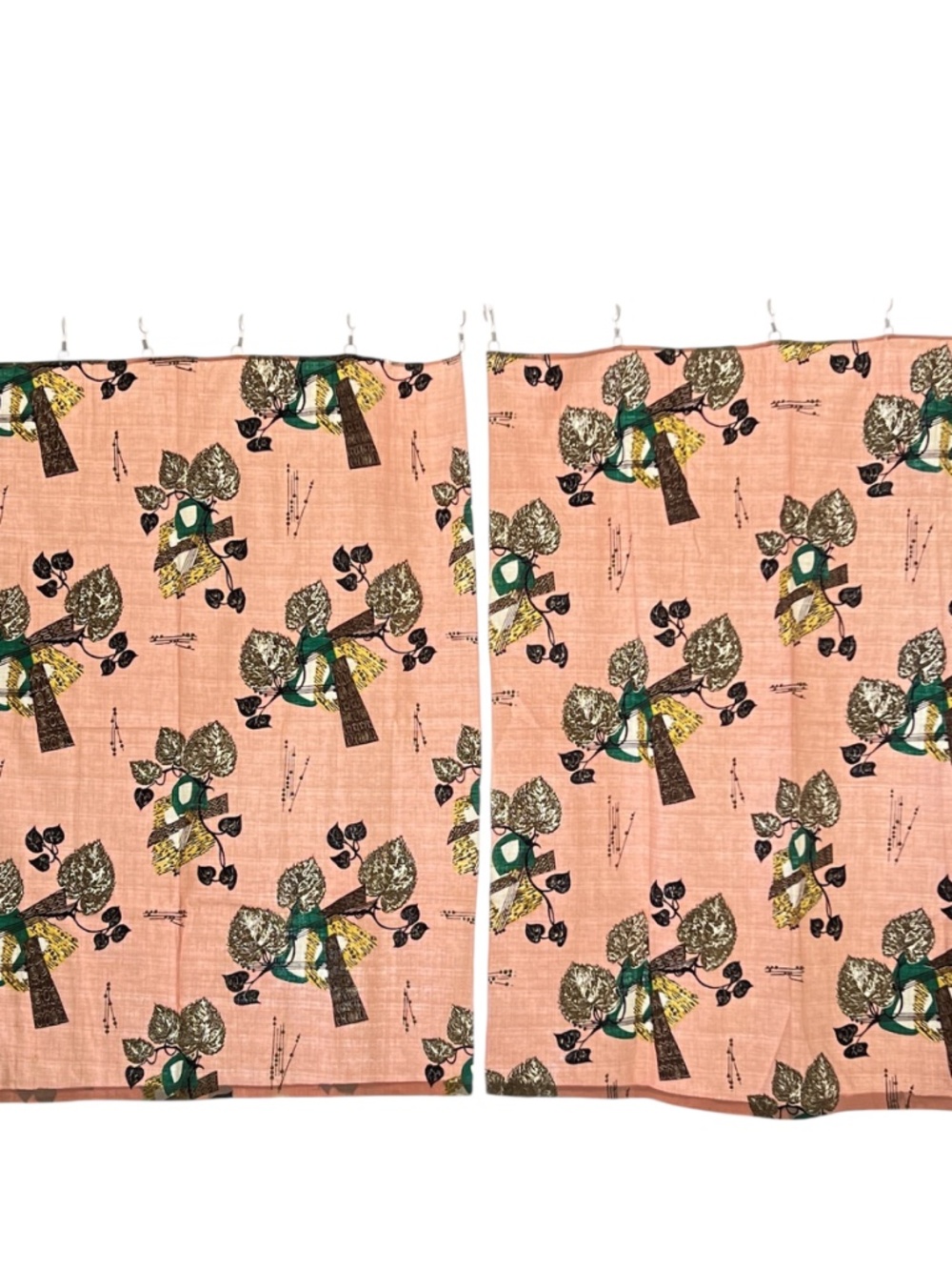 Vintage Curtains 50's Peach Background 2 Panels Gold Leaves Looks Like Barkcloth